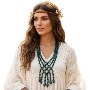 Vintage Teal Green / Peacock Blue Wood Bead Statement Necklace w/ Silver Accents